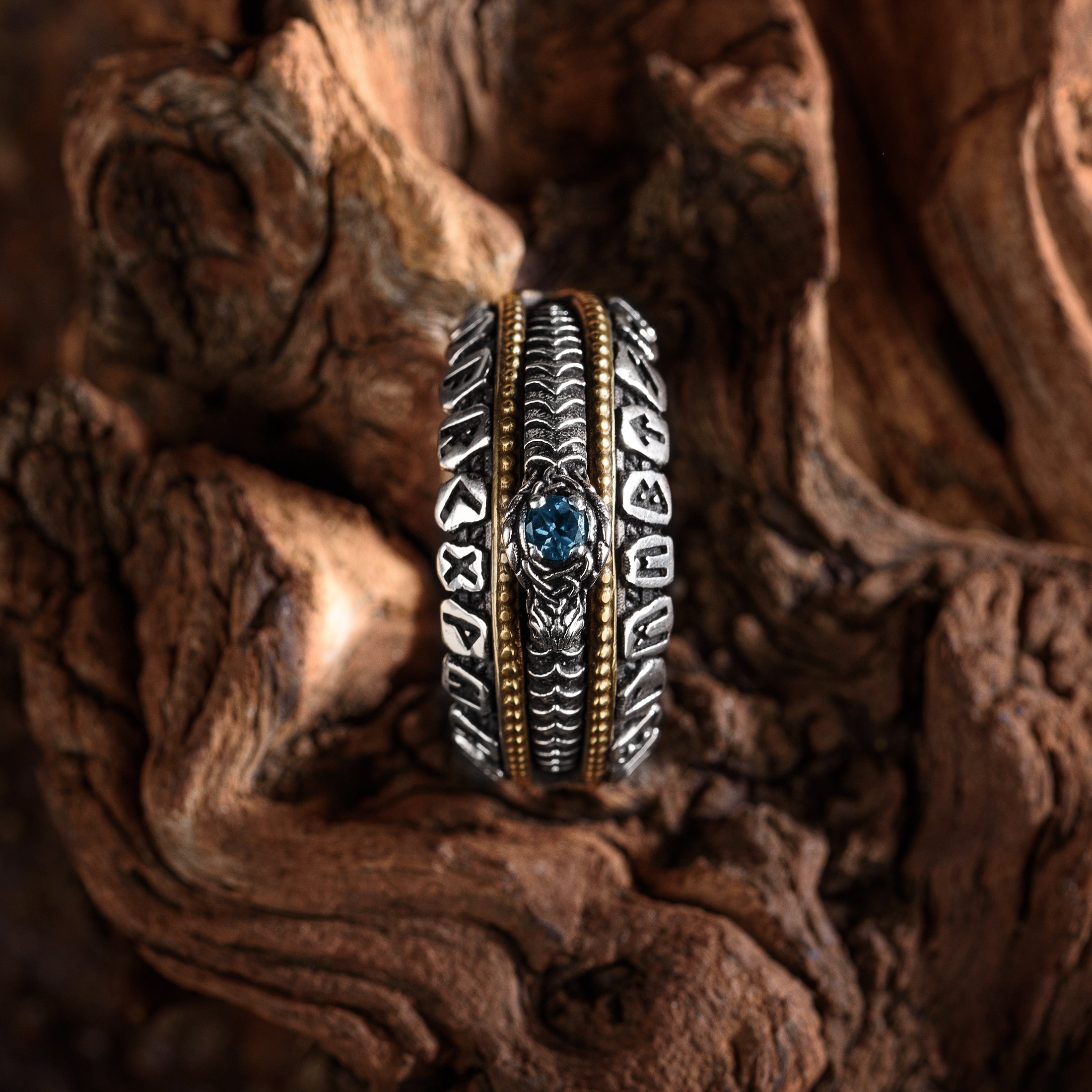 Handcrafted Golden Scales Jormungandr Ring - Sterling Silver, Brass and Sapphire