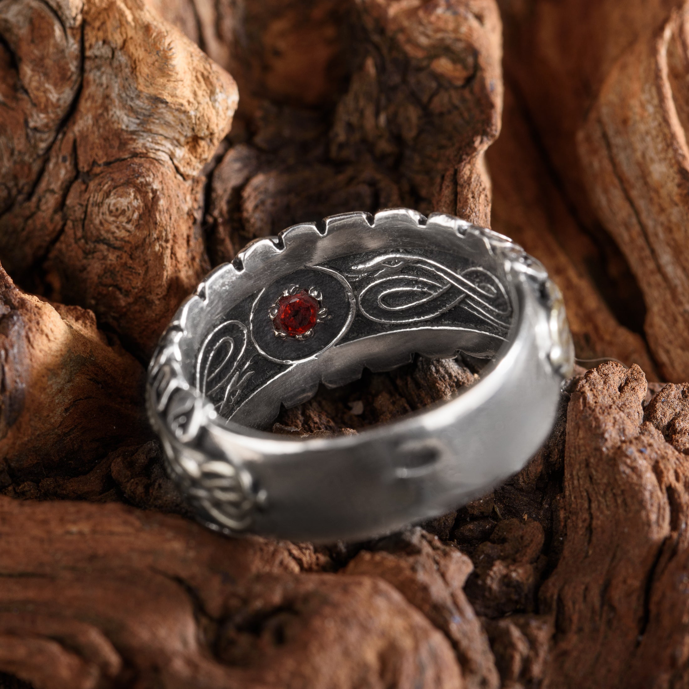 Handcrafted Golden Scales Jormungandr Ring - Sterling Silver, Brass and Sapphire