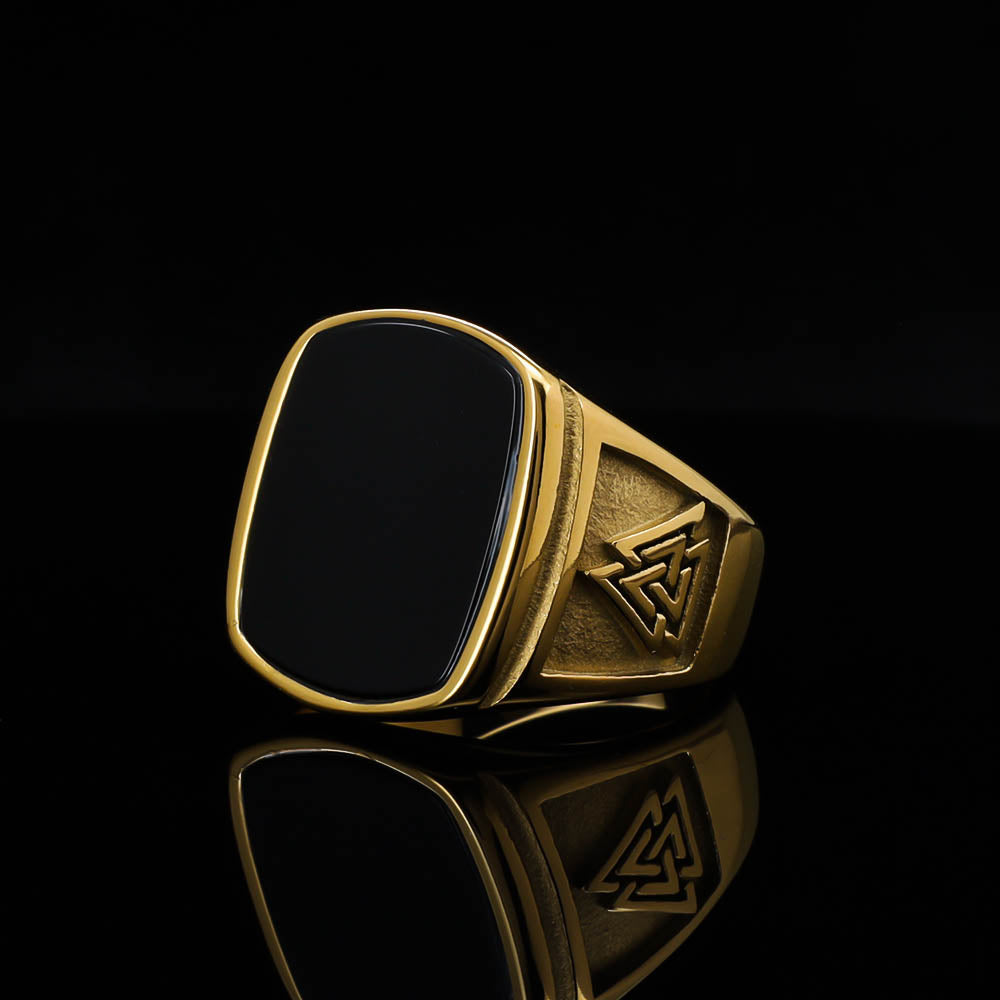 Odin's Oath Signet Ring - Golden Stainless Steel & Natural Agate