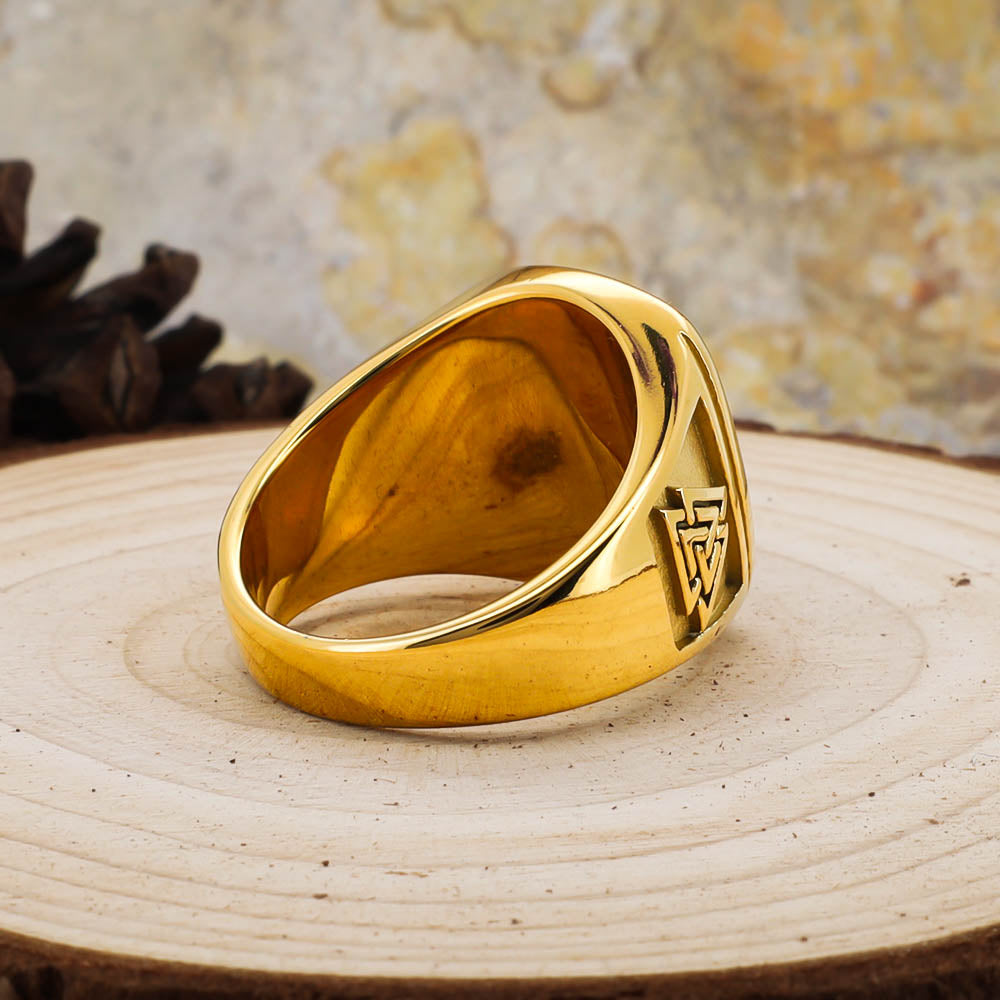 Odin's Oath Signet Ring - Golden Stainless Steel & Natural Agate