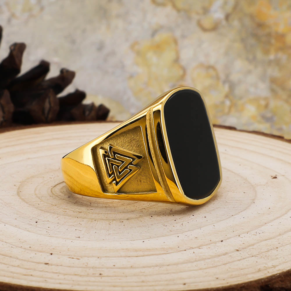 Odin's Oath Signet Ring - Golden Stainless Steel & Natural Agate