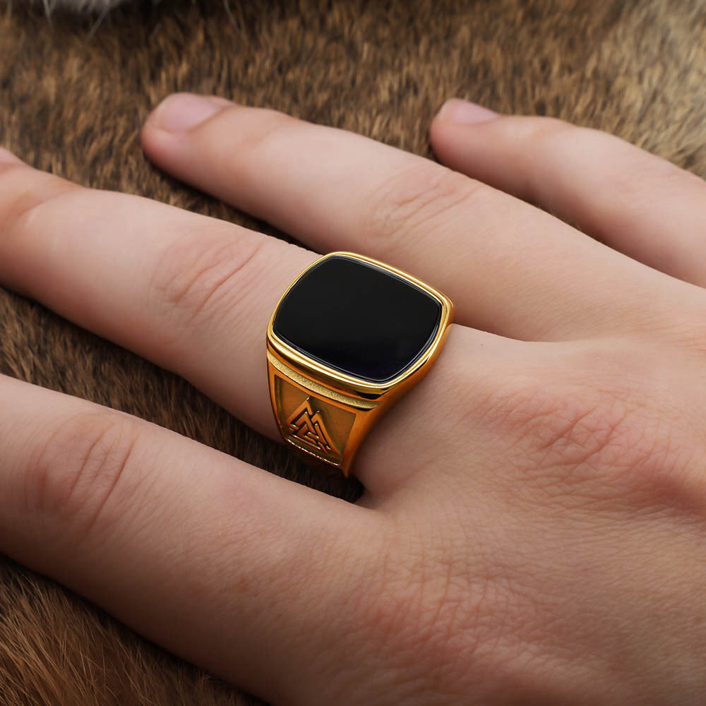 Odin's Oath Signet Ring - Golden Stainless Steel & Natural Agate