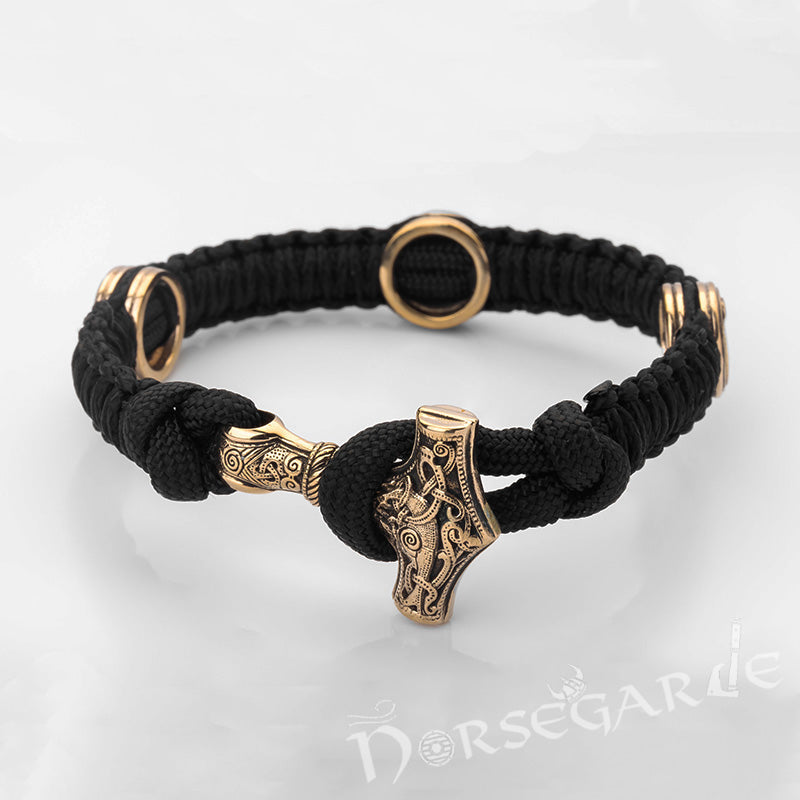 Handcrafted Ash Paracord Bracelet with Mjölnir and Runes - Brass