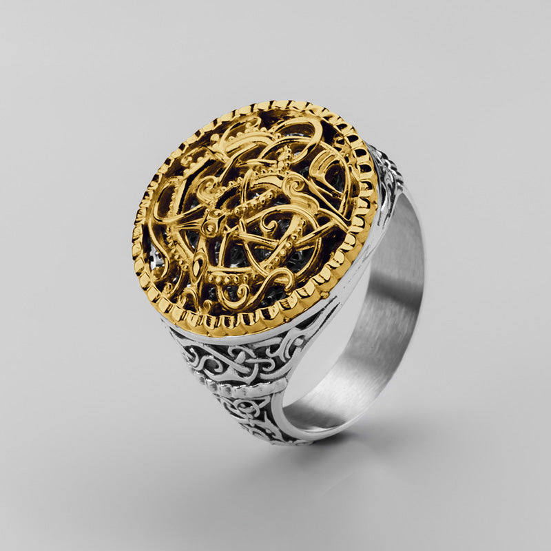 Handcrafted Golden Clash of Serpents Signet Ring - Sterling Silver