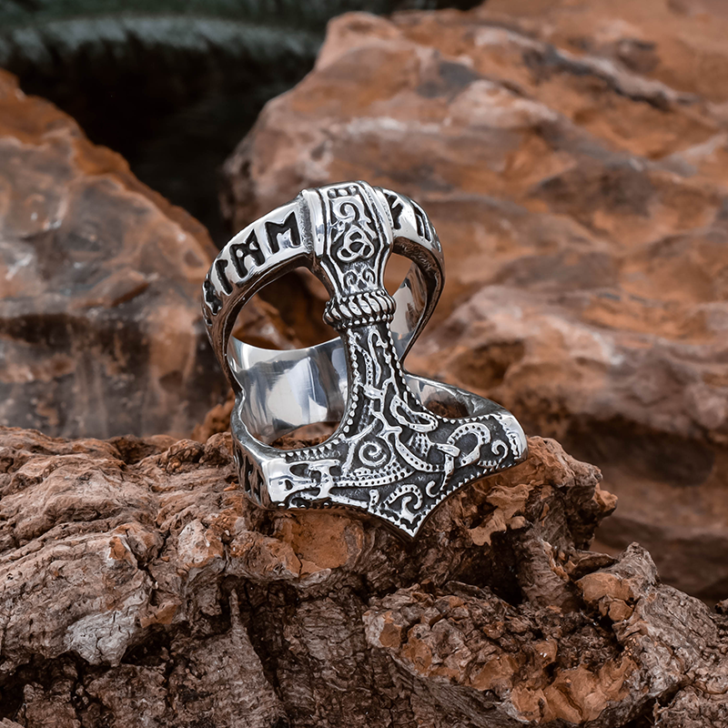 Thor's Hammer Runed Ring - Stainless Steel
