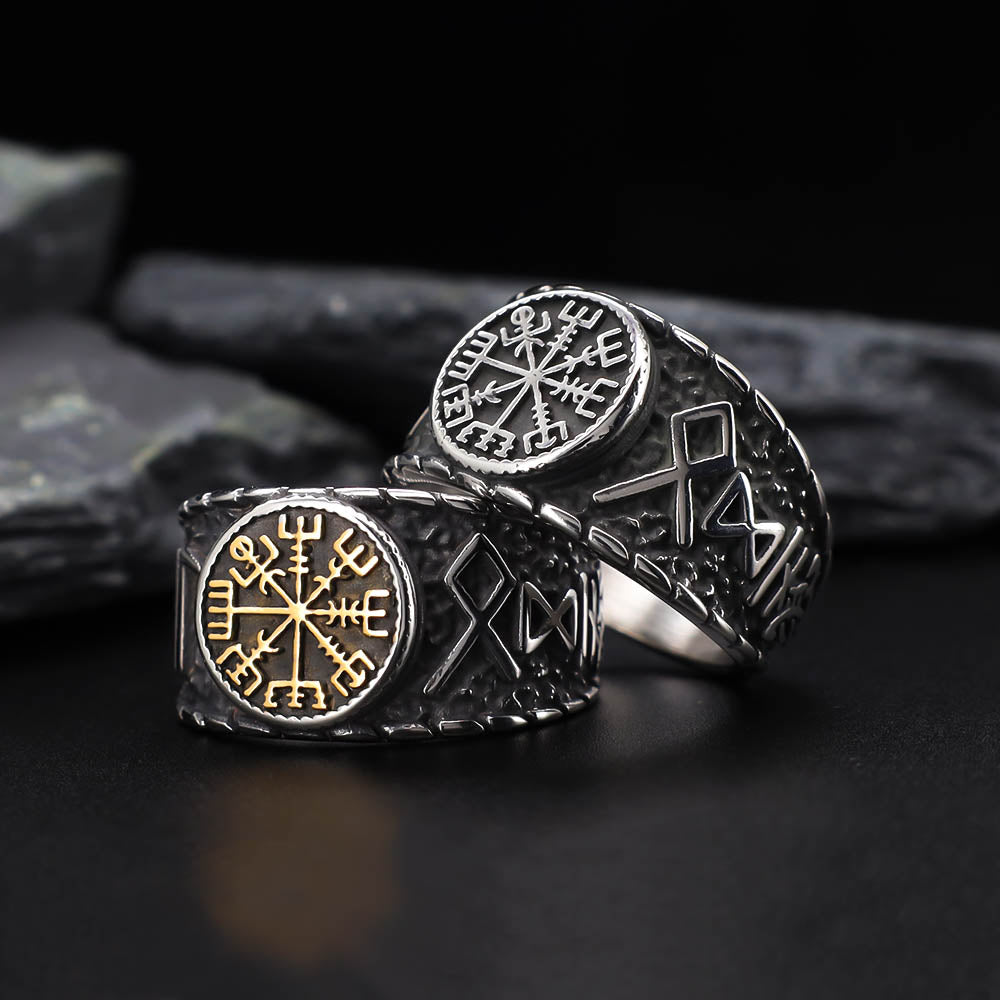 Vegvisir Elder Runes Signet Ring - Stainless Steel