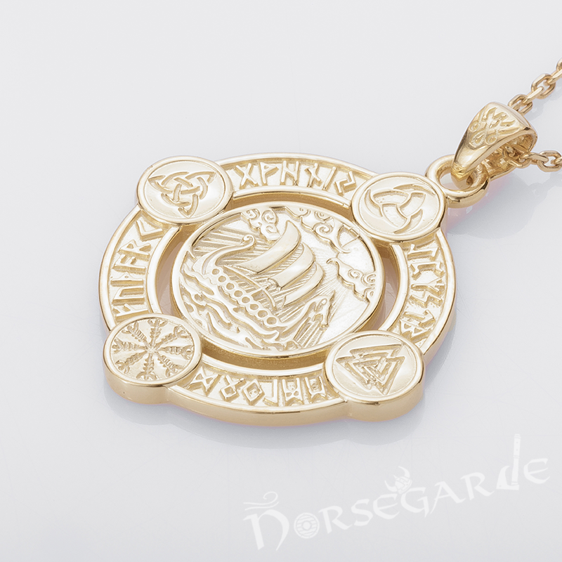 Handcrafted Rune Circle with Viking Drakkar - Gold