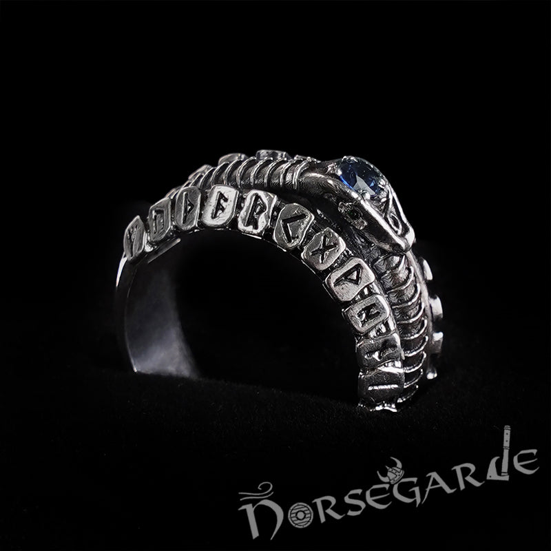Handcrafted Jormungandr and Rune Wheel Ring - Sterling Silver and Sapphire