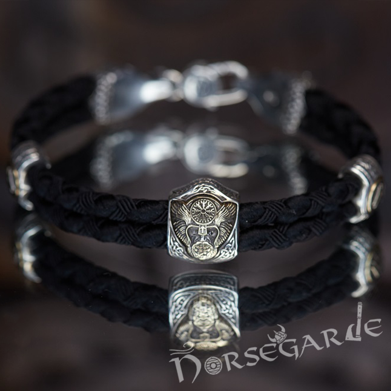 Handcrafted Odin and Wolves Silk Bracelet - Sterling Silver and Brass
