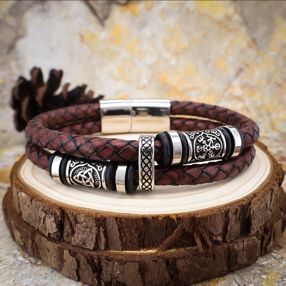 Viking Leather Bracelet with Vegvisir & Triquetra Steel Beads