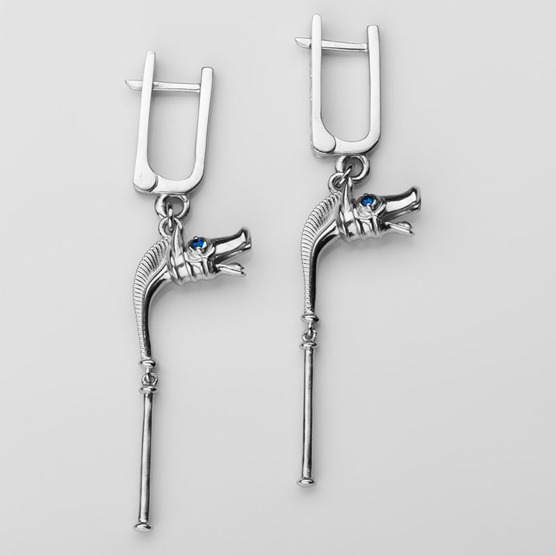 Handcrafted Celtic Boar Horn Earrings - Sterling Silver with Sapphires