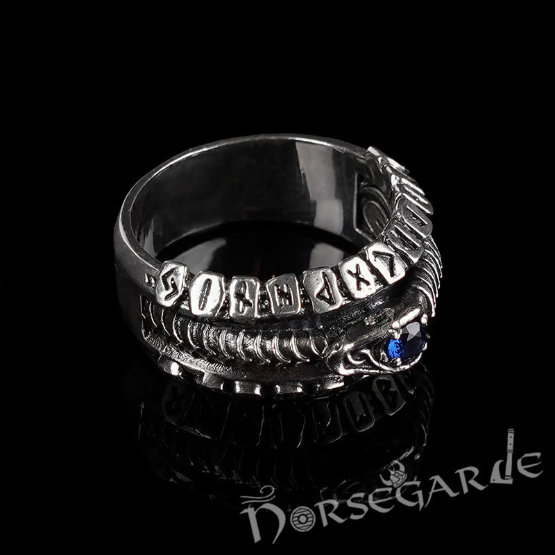 Handcrafted Jormungandr and Rune Wheel Ring - Sterling Silver and Sapphire