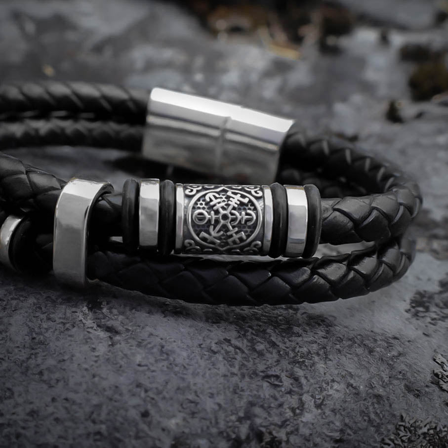 Viking Bead Dual Braid Leather Bracelet - Sterling Silver
