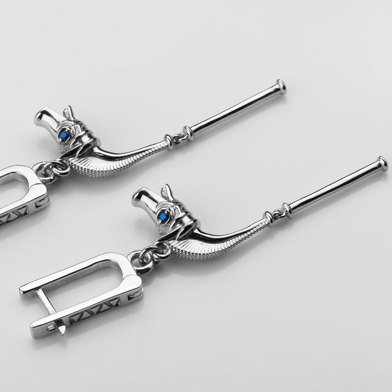 Handcrafted Celtic Boar Horn Earrings - Sterling Silver with Sapphires