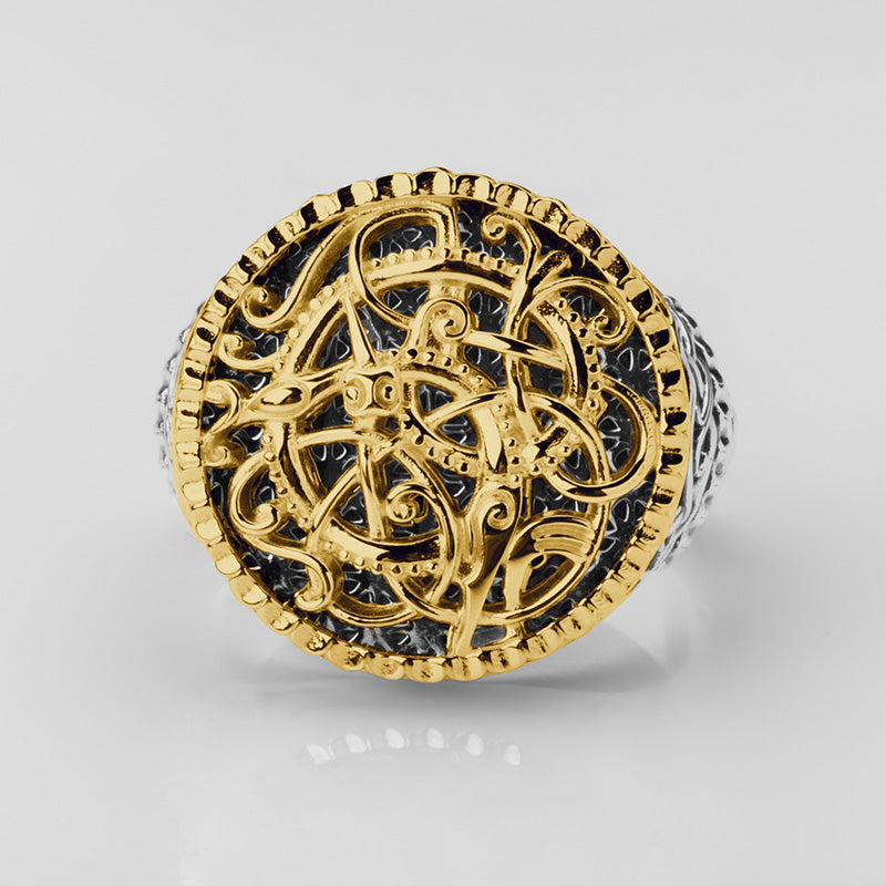 Handcrafted Golden Clash of Serpents Signet Ring - Sterling Silver