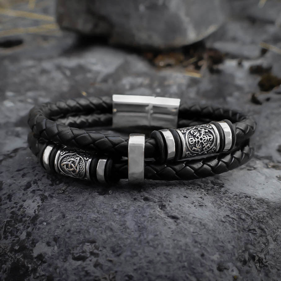 Viking Runic Braided Bracelet - Norse Leather Bracelet with Silver