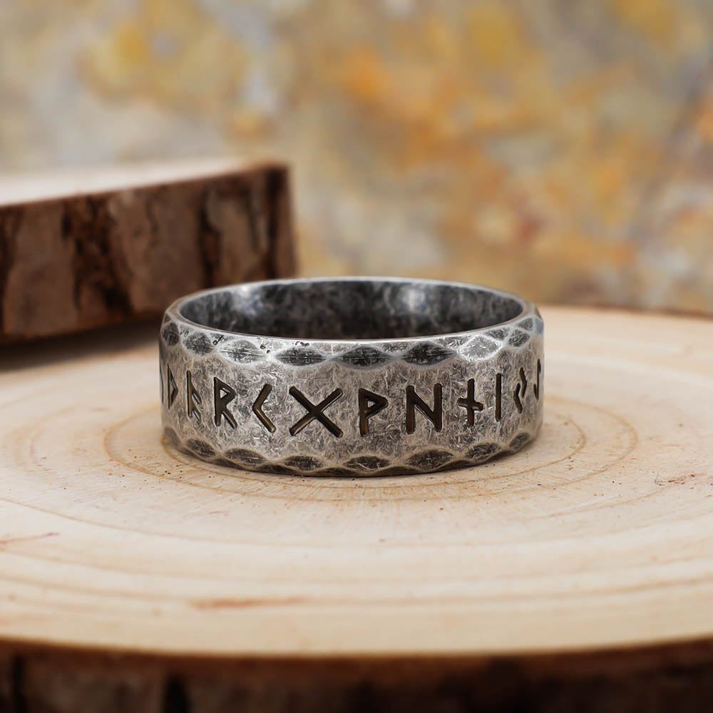 Rustic Tapped Texture Runed Band - Stainless Steel