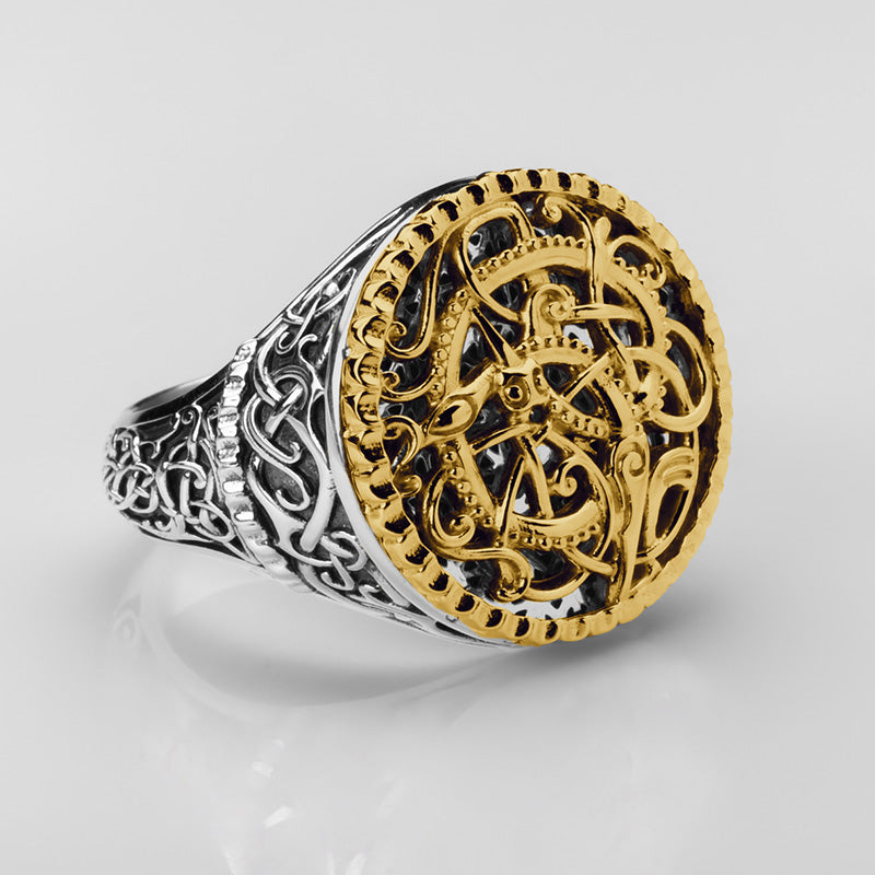 Handcrafted Golden Clash of Serpents Signet Ring - Sterling Silver