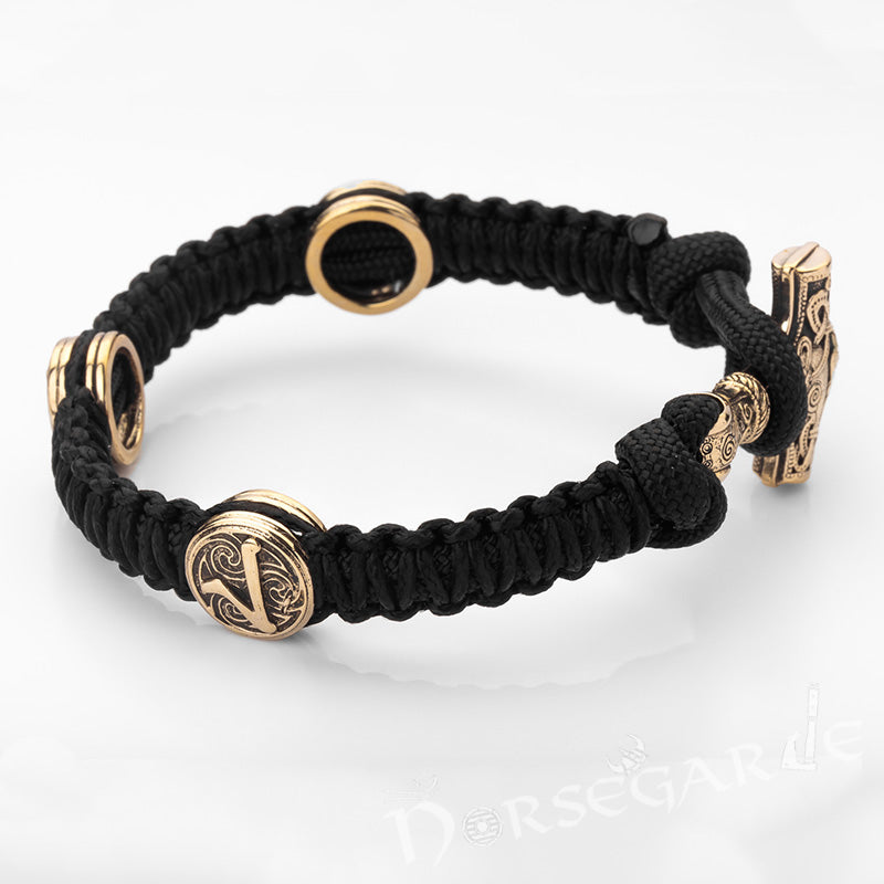 Handcrafted Ash Paracord Bracelet with Mjölnir and Runes - Brass