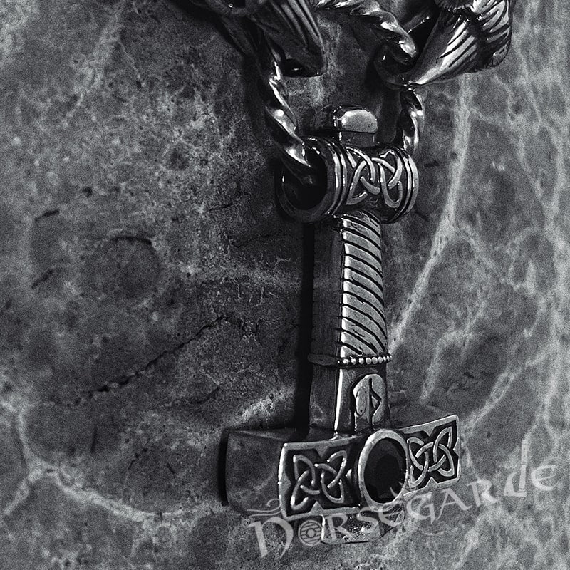 Handcrafted Ravens Necklace with Mjölnir - Sterling Silver