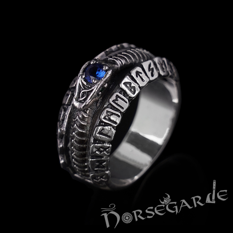 Sterling Silver Jormungandr Serpent Rune Ring with Blue Sapphire