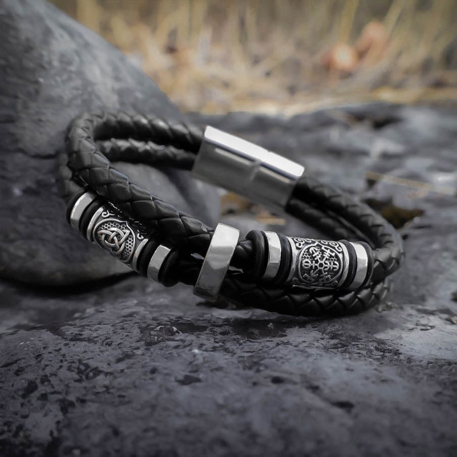 Viking Bead Dual Braid Leather Bracelet - Sterling Silver
