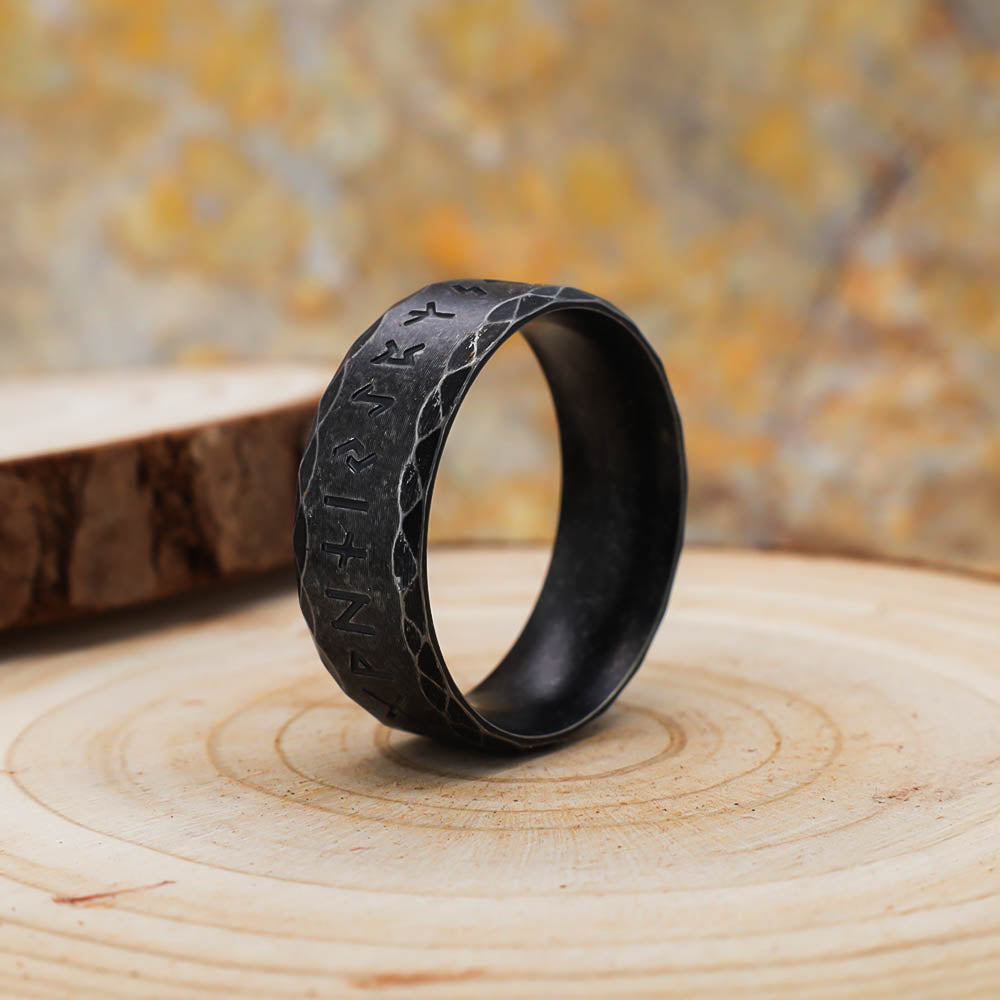 Black Tapped Texture Runed Band - Stainless Steel