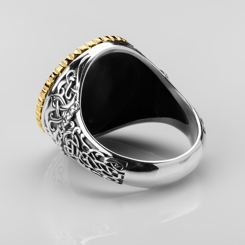 Handcrafted Golden Clash of Serpents Signet Ring - Sterling Silver