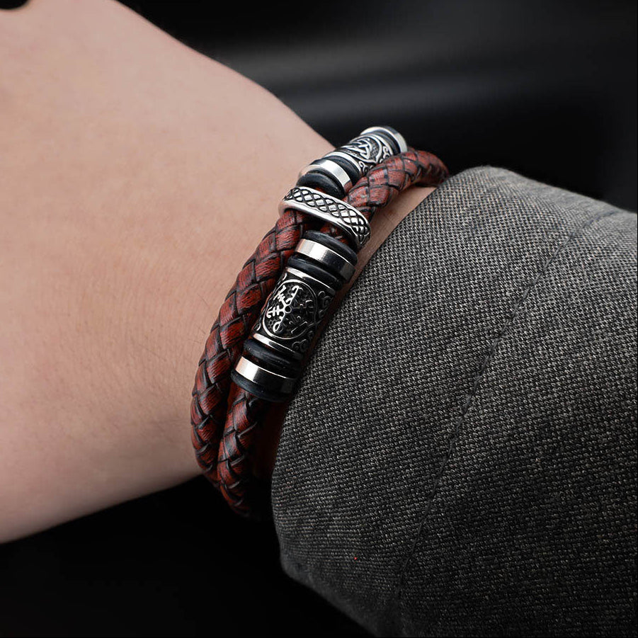 Viking Leather Bracelet with Vegvisir & Triquetra Steel Beads