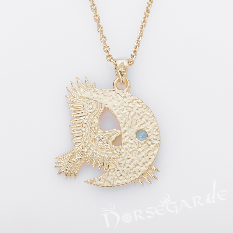 Handcrafted Raven and the Moon Pendant - Gold with Sapphire