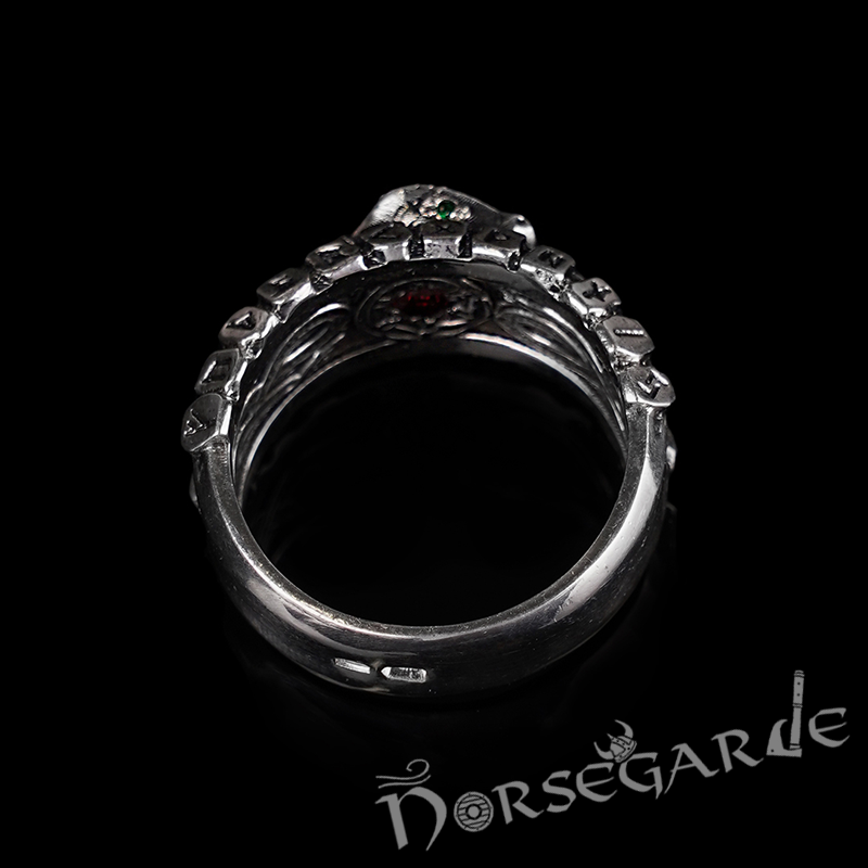 Handcrafted Jormungandr and Rune Wheel Ring - Sterling Silver and Sapphire