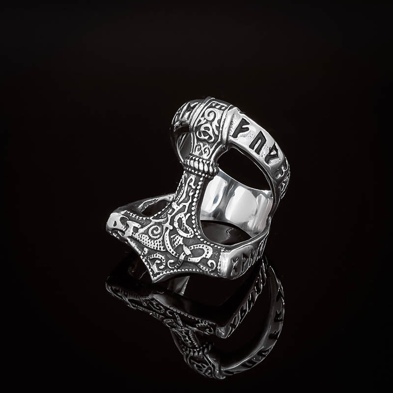 Gothic Biker Mens 316L Stainless Steel Viking Thor's Hammer Ring – Retro Norse Thunder God Jewelry (Silver/Black)