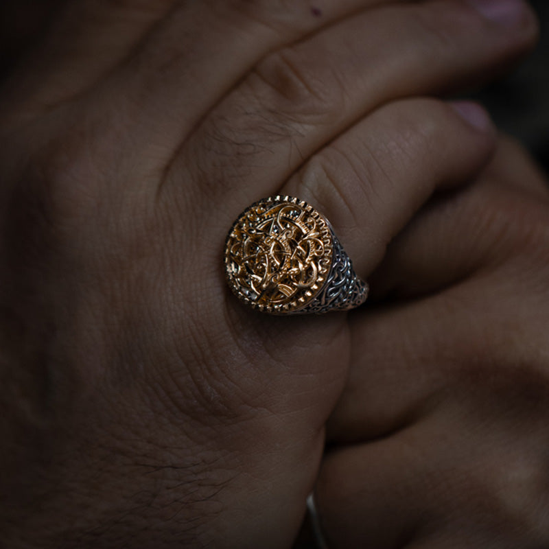 Handcrafted Golden Clash of Serpents Signet Ring - Sterling Silver