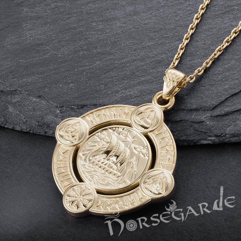 Handcrafted Rune Circle with Viking Drakkar - Gold
