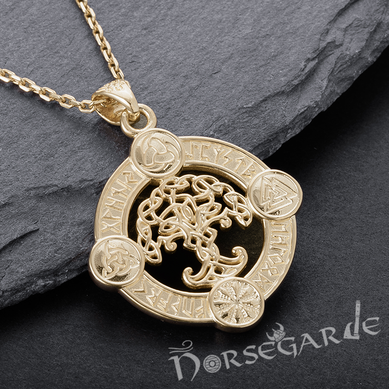 Handcrafted Rune Circle with Celtic Yggdrasil - Gold