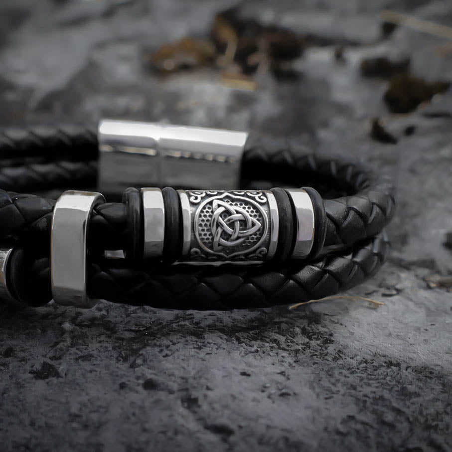 Viking Bead Dual Braid Leather Bracelet - Sterling Silver