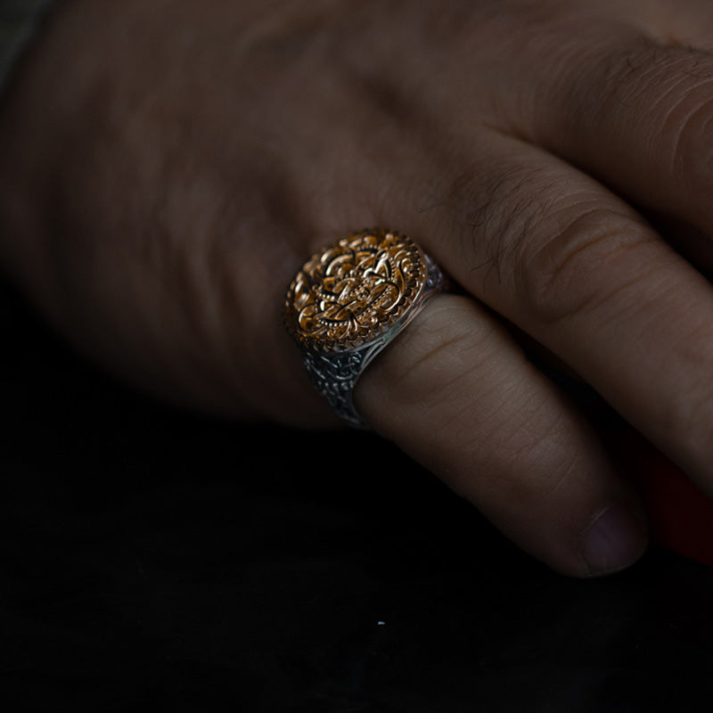 Handcrafted Golden Clash of Serpents Signet Ring - Sterling Silver