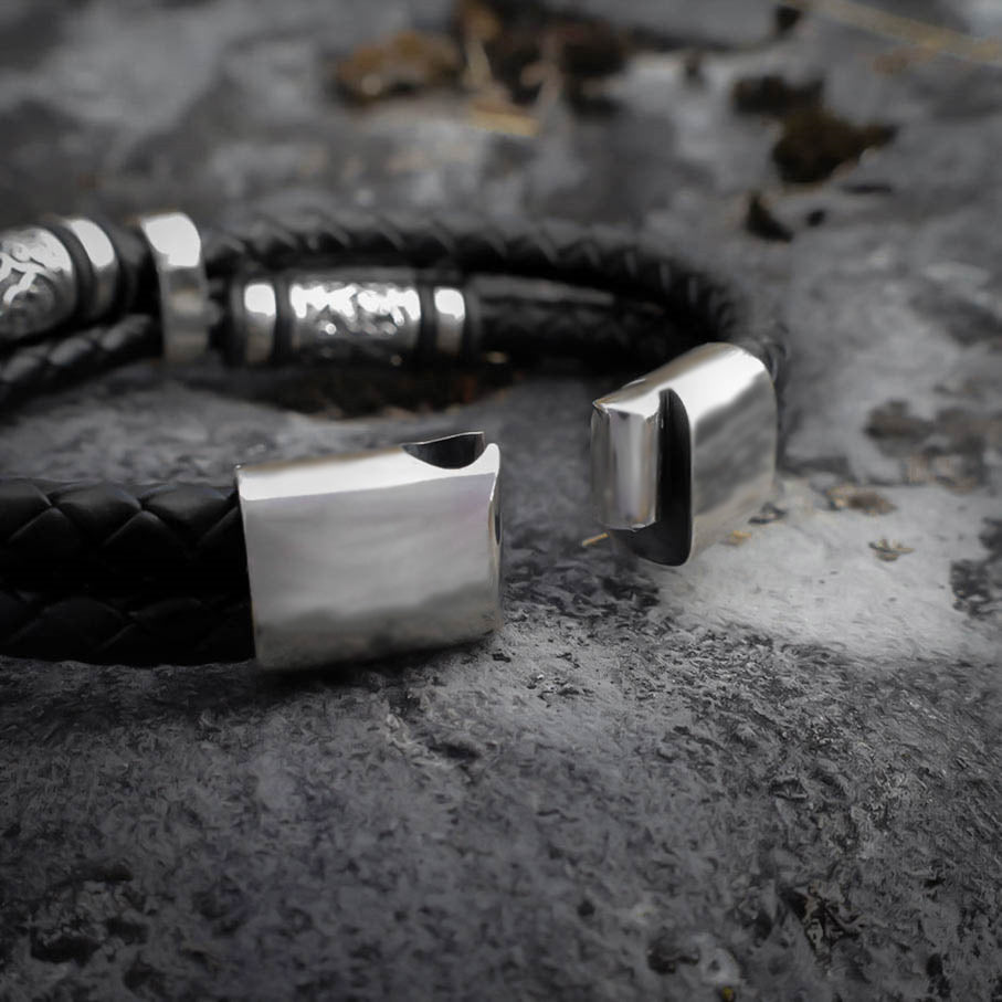 Viking Runic Braided Bracelet - Norse Leather Bracelet with Silver