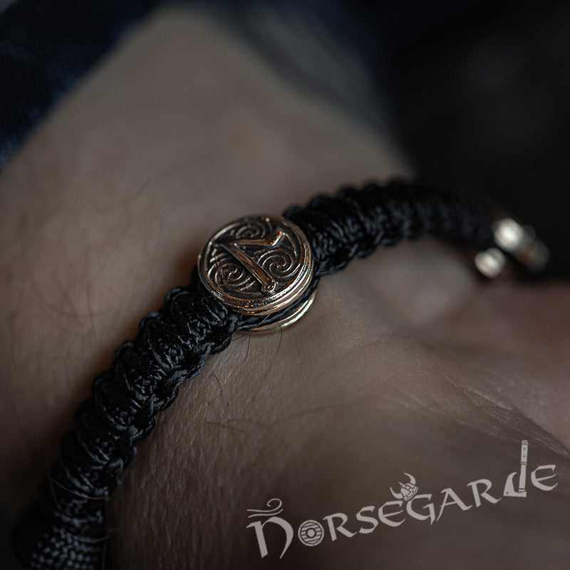 Handcrafted Ash Paracord Bracelet with Mjölnir and Runes - Brass
