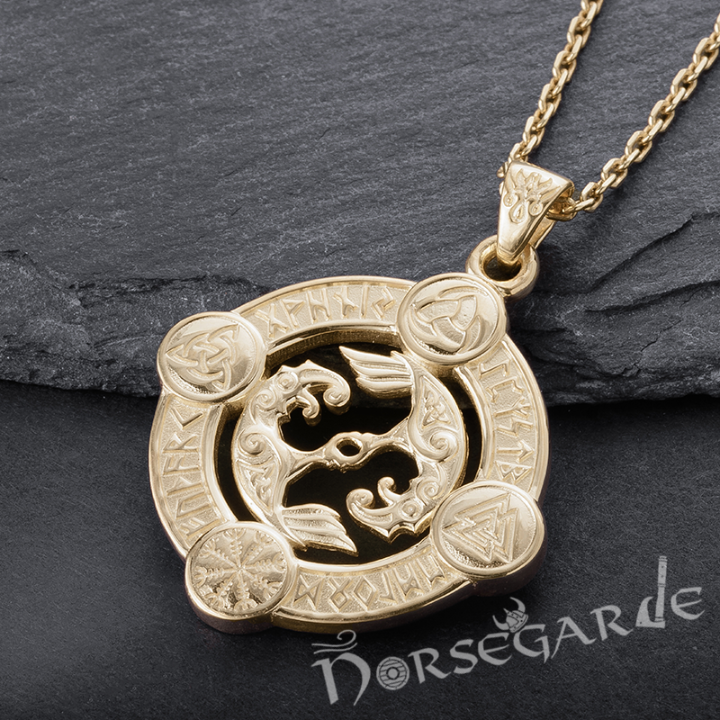 Handcrafted Rune Circle with Ravens - Gold