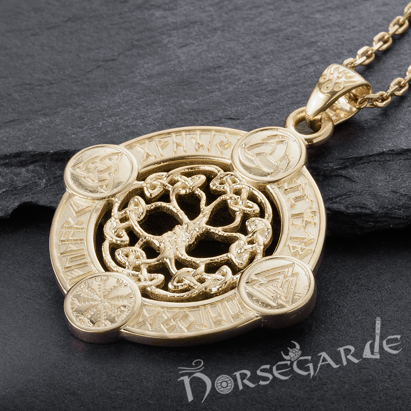 Handcrafted Rune Circle with Entwined Yggdrasil - Gold