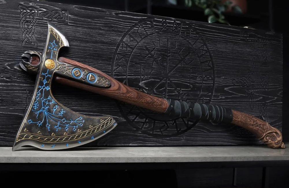 Handforged Leviathan Decorated Replica Axe - Blue & Gold