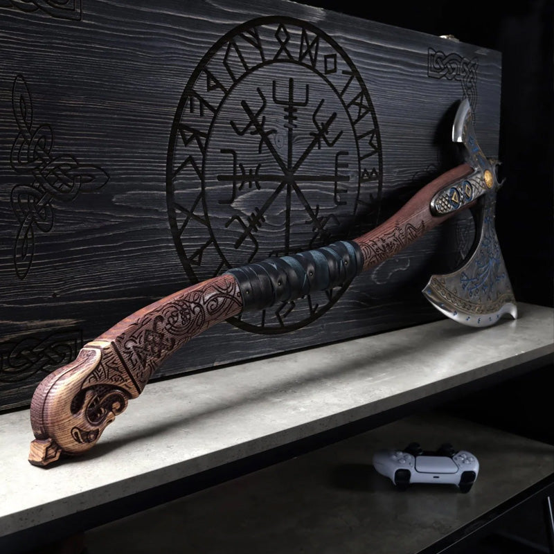 Handforged Leviathan Decorated Replica Axe - Blue & Gold