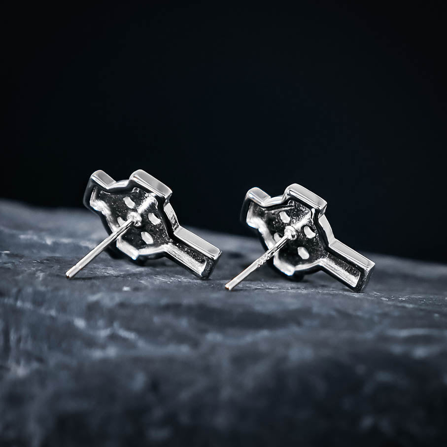 Ornamental Celtic Cross Stud Earrings - Sterling Silver