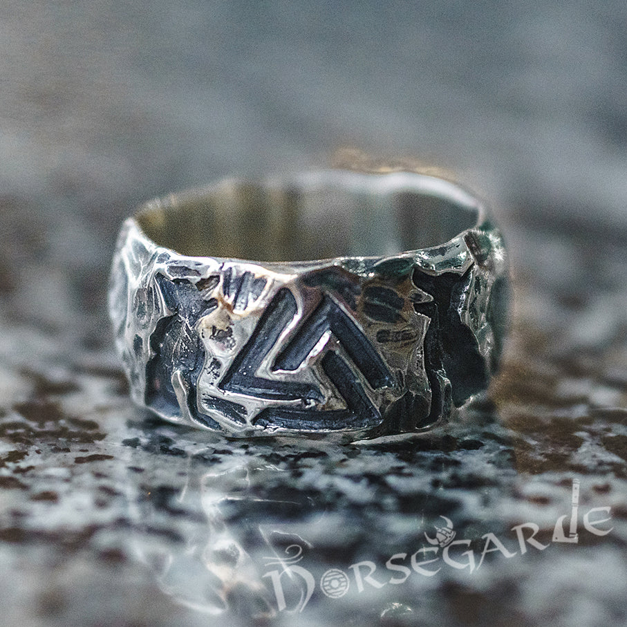 Handcrafted Wolves and Valknut Band - Sterling Silver