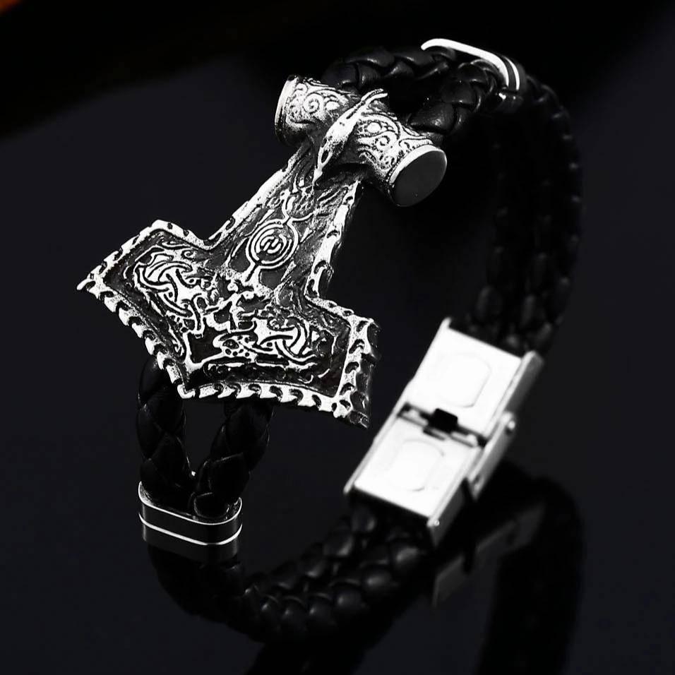 Aesir Flame Mjölnir Leather Bracelet - Stainless Steel - Norsegarde