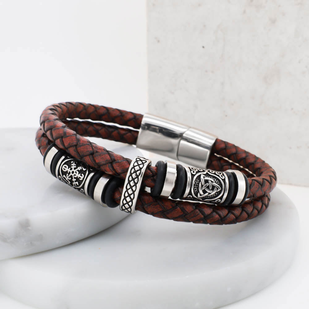 Viking Leather Bracelet with Vegvisir & Triquetra Steel Beads