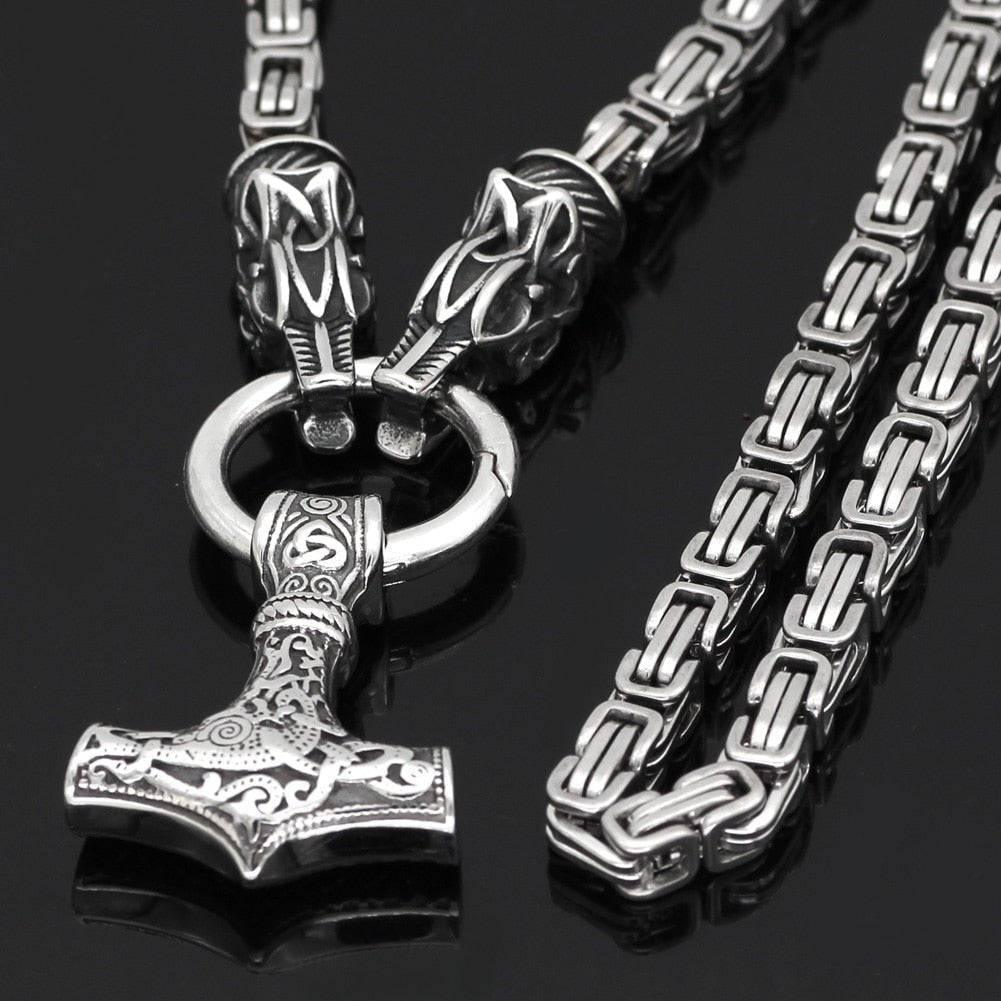 Viking Fenrir Heavy Chain with Mjölnir - Norse Wolf Byzantium Necklace
