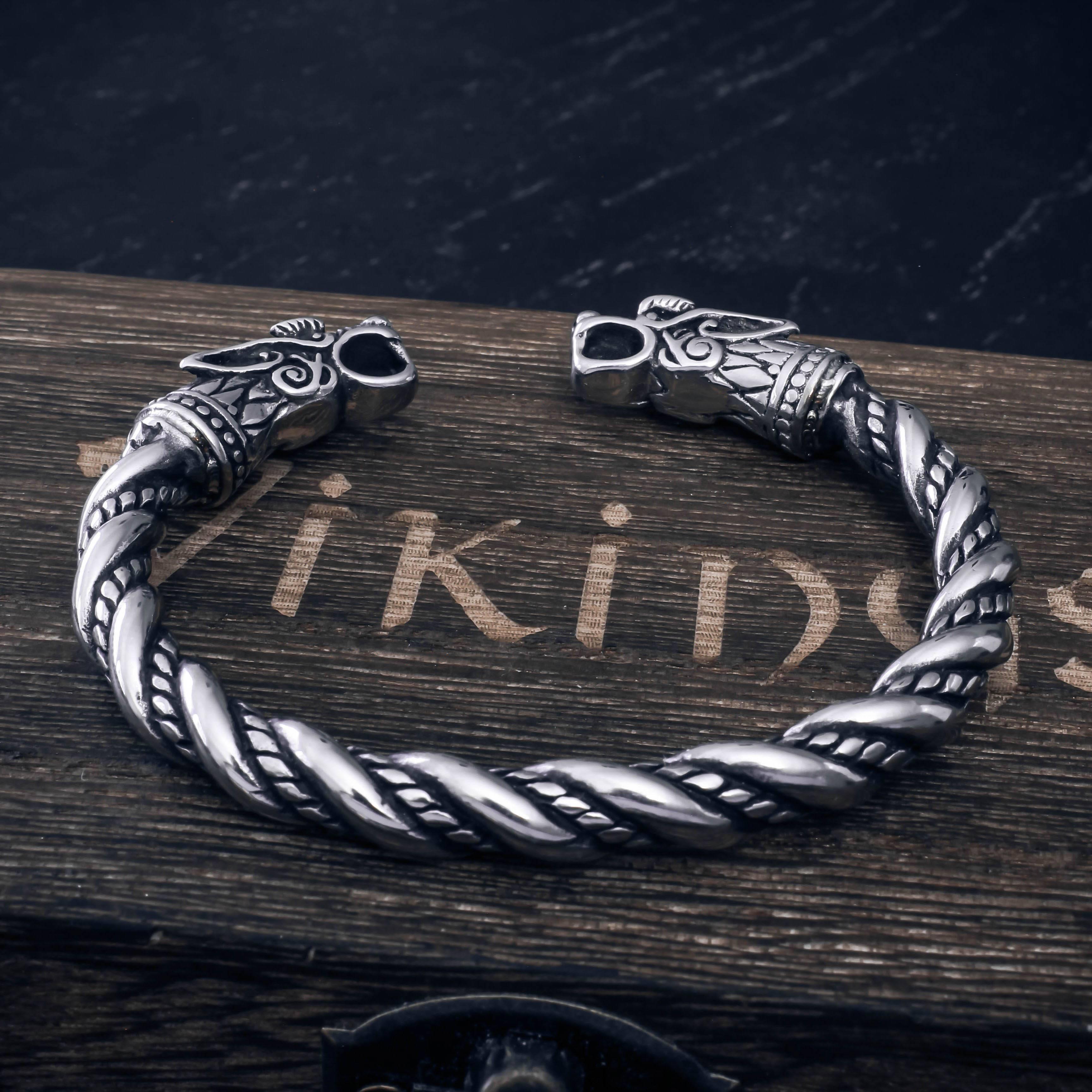 Viking Wolf Arm Ring - Sterling Silver Geri and Freki Torc Bracelet
