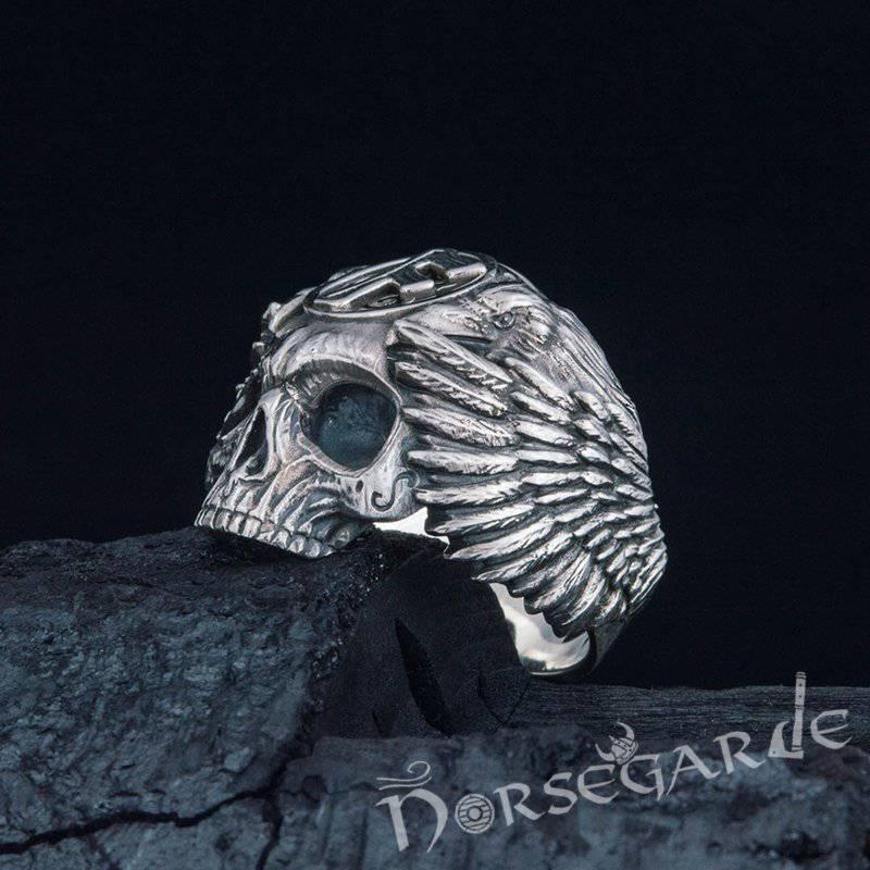 Handcrafted Ansuz Skull and Ravens Ring - Sterling Silver - Norsegarde